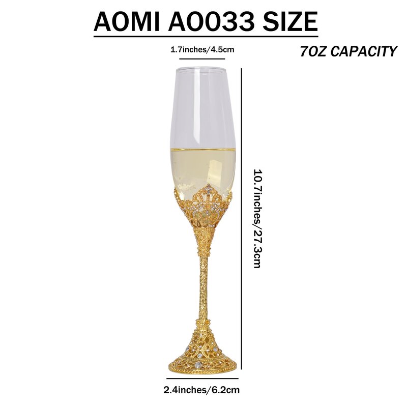 AOMI Wedding Champagne Flutes Toasting Glasses Luxurious Crystal- Gold 7oz Studded Champagne Glasses Set – Elegant Etched Flute Pair with Gift Box, Perfect for Weddings, Anniversaries & Celebrations