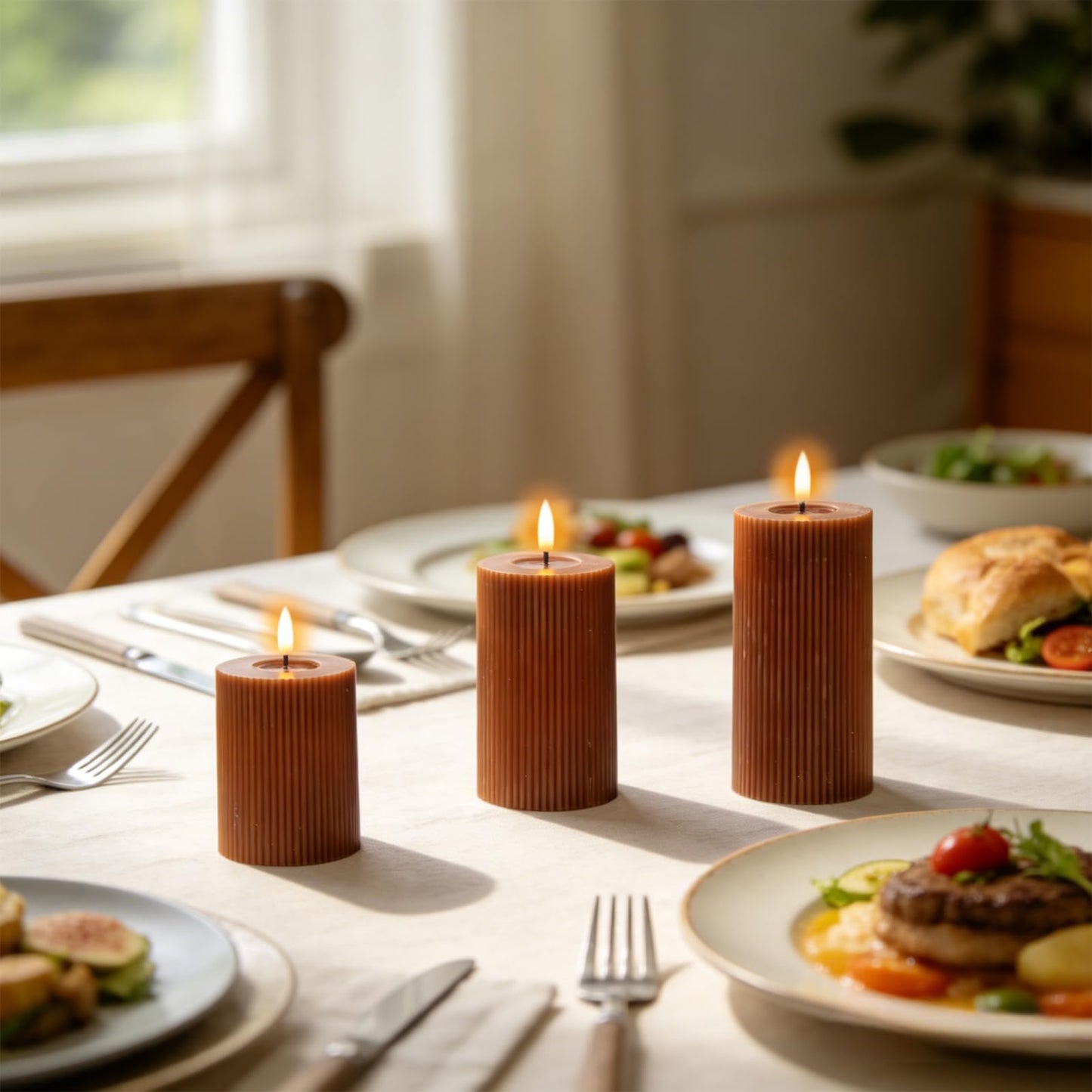 DRomance Battery Operated Flameless Candles with 6 Hour Timer 3 Pack Real Wax Vertical Stripe 3D Wick Flickering LED Pillar Candles Dinner Wedding Christmas Holiday Decor(Brown, 3" D x 5", 6", 7" H)