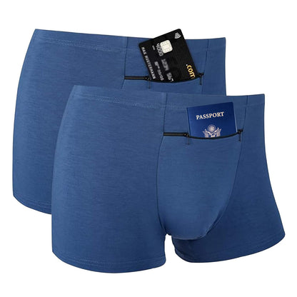 H&R Pocket Underwear for Men with Secret Hidden Front Stash Pocket, Travel Boxer Brief, Large Size 2 Packs (Blue)