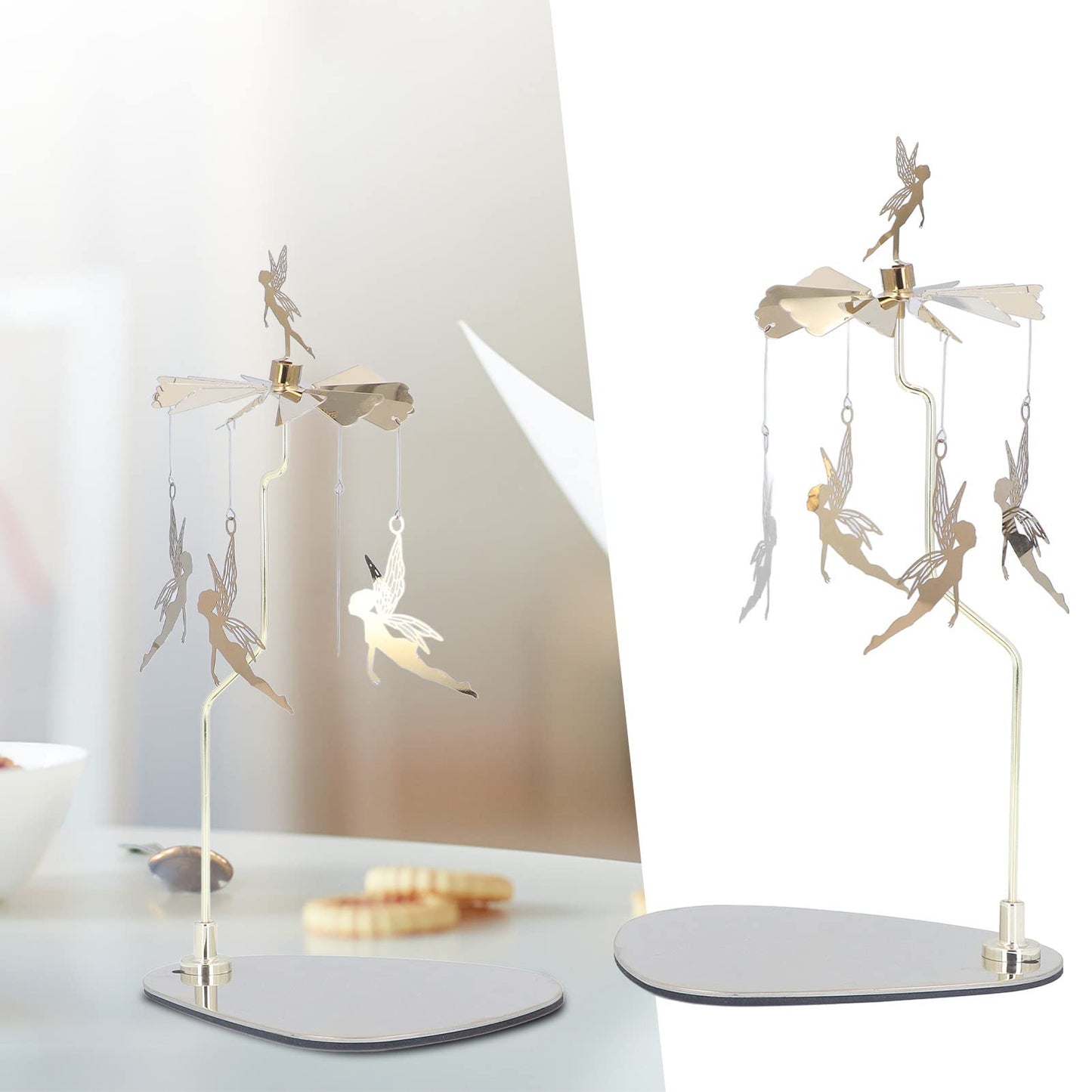 Cunyuer Candle Carousel Spinner, Rotarys Candle Holder Spinning, Gold Metal Flying Angels Tea Lights Candles Holder, Romantic Scandinavian Designed Ornament for Wedding Christmas