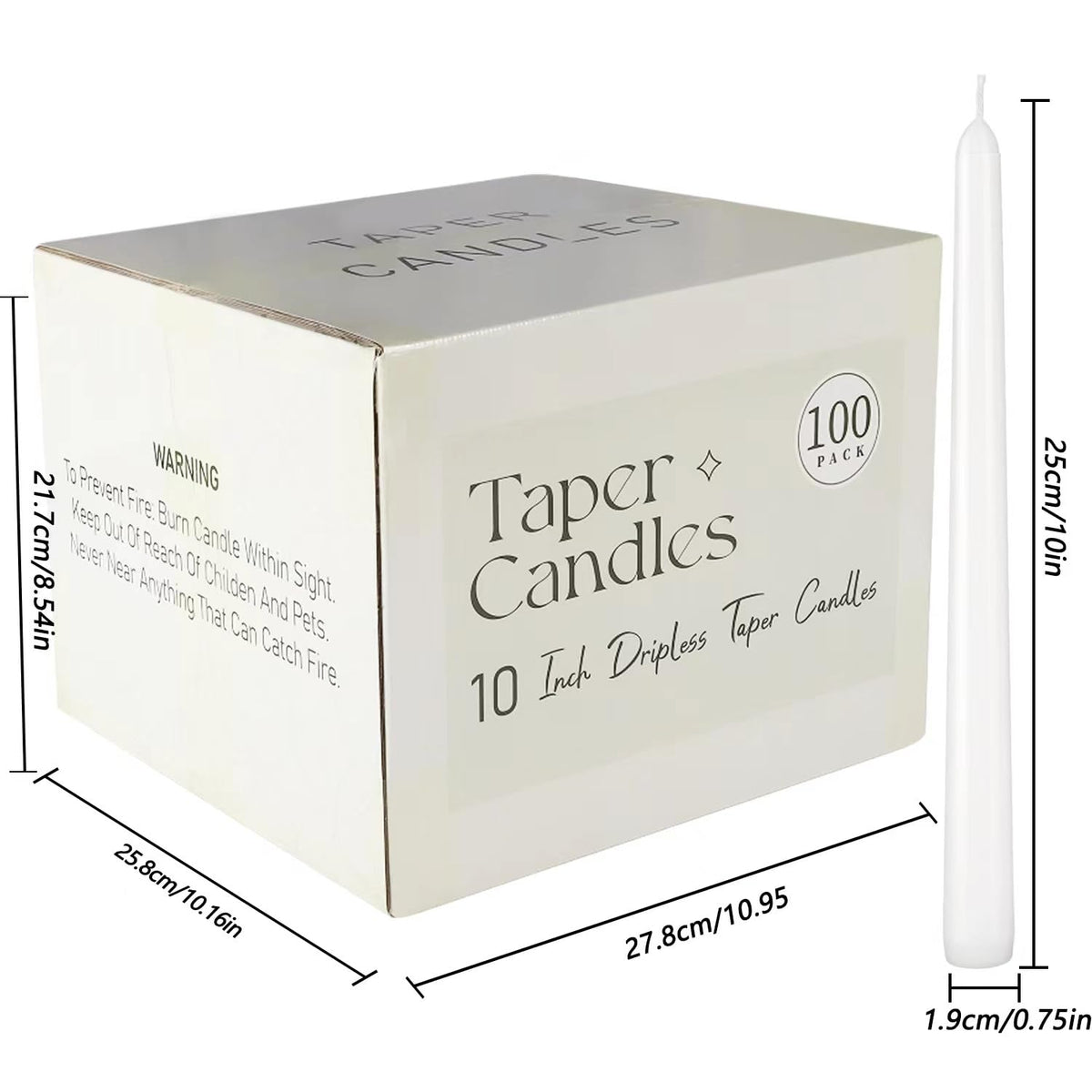 YOROXRG 100Pack White Taper Candles, 7-8 Hours Burn Time, Unscented, Smokeless and Dripless, 0.75 x 10 Inch Dinner Candle Set for Household, Wedding, Party and Home Décor Candlesticks