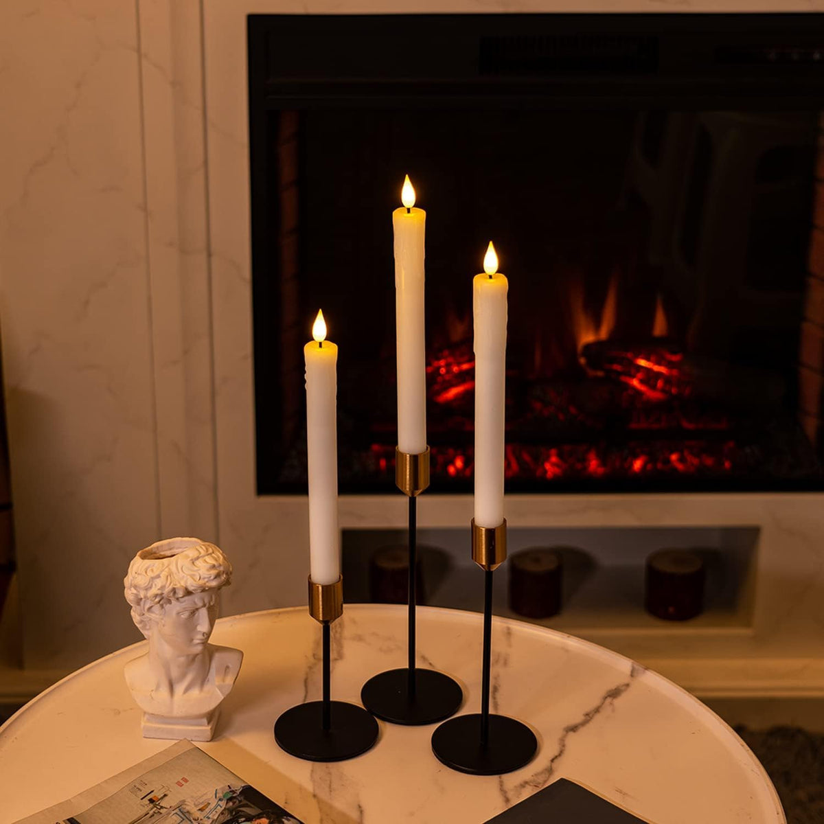 Homemory Real Wax LED Flameless Taper Candles with Timer, Dripless Fake Candlesticks with 3D Flickering Flame, 9.6 Inches White Window Candle for Fireplace Christmas Halloween