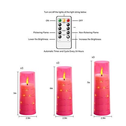 kakoya Flameless LED Candles with Timer 9 Pc Flickering Flameless Candles for Romantic Ambiance and Home Decoration Stable Acrylic Shell,with Embedded Star String，Battery Operated Candles(Pink)
