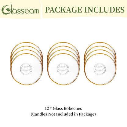 Glasseam Candle Drip Protectors for Candle Stick Candle Holder, Gold Rim Glass Bobeches for Candlesticks Set of 12, Round Wax Catchers for Candles, Taper Candle Holders for Table Centerpiece Wedding