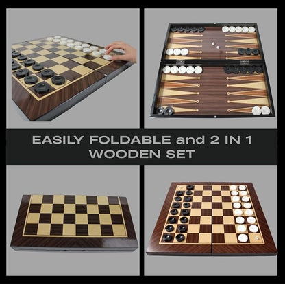 Park&ampOz Walnut Premium Turkish Backgammon and Checkers Set 19 Inch Handmade 2 in 1 Wooden Board Game with Glossy Finish Luxury Checkers and Dice Travel Friendly and Foldable