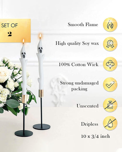 10inch Ghost Taper Candles White Tall Taper Candle with Decorative Candlestick for Halloween Table Decorations,Set of 2