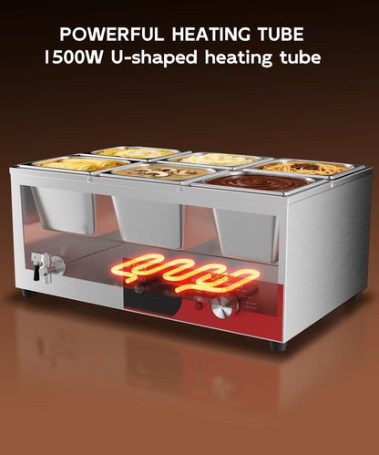 DULNICE 6-Pan Commercial Food Warmer, 1500W Stainless Steel Bain Marie with Anti-Dry Burn and Reset Button, Countertop Soup Warmer with Drain Tap, Soup Spoon for Buffet, Catering, Parties, Restaurants