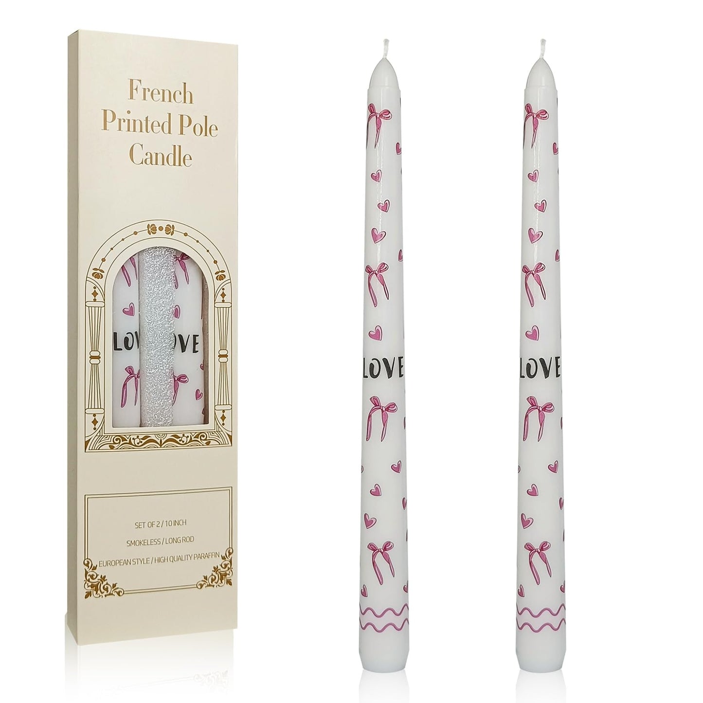Floral Taper Candles 10 Inch Tall Unscented Handmade Bows and Hearts Print Long Burning Elegant Candlesticks for Wedding Dinner Home Decor