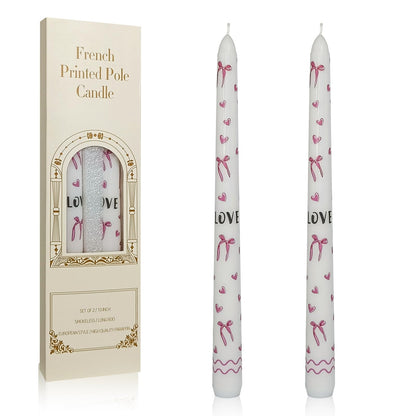 Floral Taper Candles 10 Inch Tall Unscented Handmade Bows and Hearts Print Long Burning Elegant Candlesticks for Wedding Dinner Home Decor