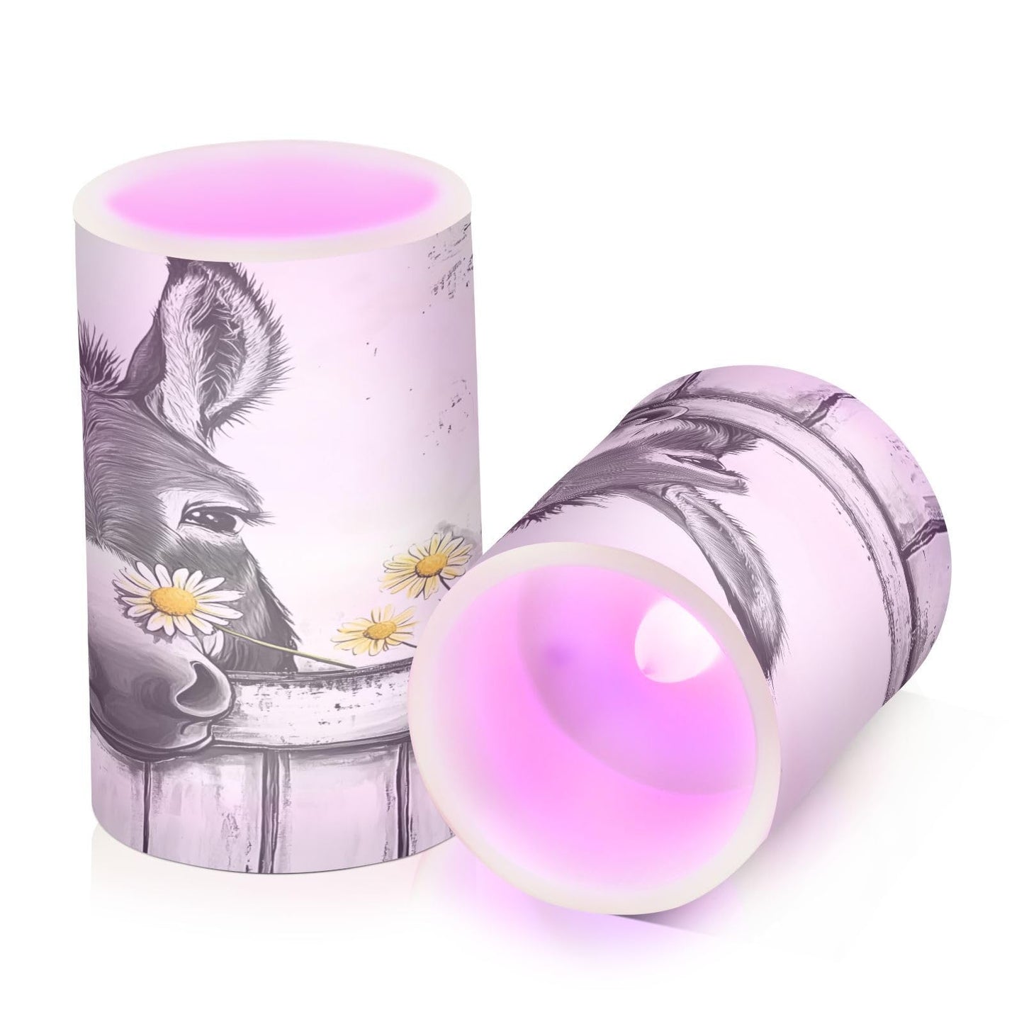 Black White Donkey Flowers Wooden Flickering Flameless Candles LED Battery Operated with Remote Timer Pillar Candles for Home Birthday Wedding Christmas Decor, Set of 2