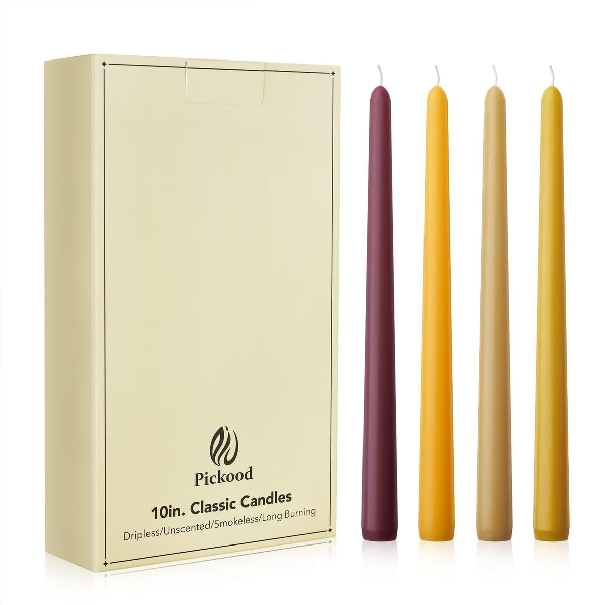 Pickood 10-Inch Unscented Dripless Taper Candles - Fall Taper Candles Bulk 12 Pack for Dinner - Smokeless, 6-8 Hour Burning - Mixed Candlesticks - Burgundy, Caramel, Blaze, Ochre