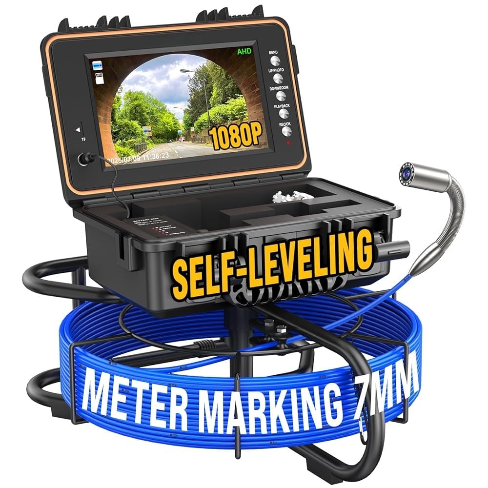 Sewer Camera 100ft, Self Leveling Drain Camera with Meter Counter, 7mm Thick Cable, 9" HD Screen 1080P Plumbing Cameras Snake with Light, 5100mAh Battery Duct Pipe Video Inspection Cam DVR 32GB