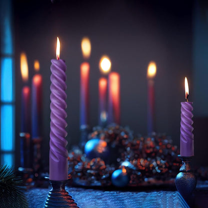 6 Pack 10 Inch Purple Spiral Taper Candles for Celebrations and Religious Ceremonies, Unscented Dripless Twisted Candlesticks for Dinner Decorative Accents Relaxation and Meditation