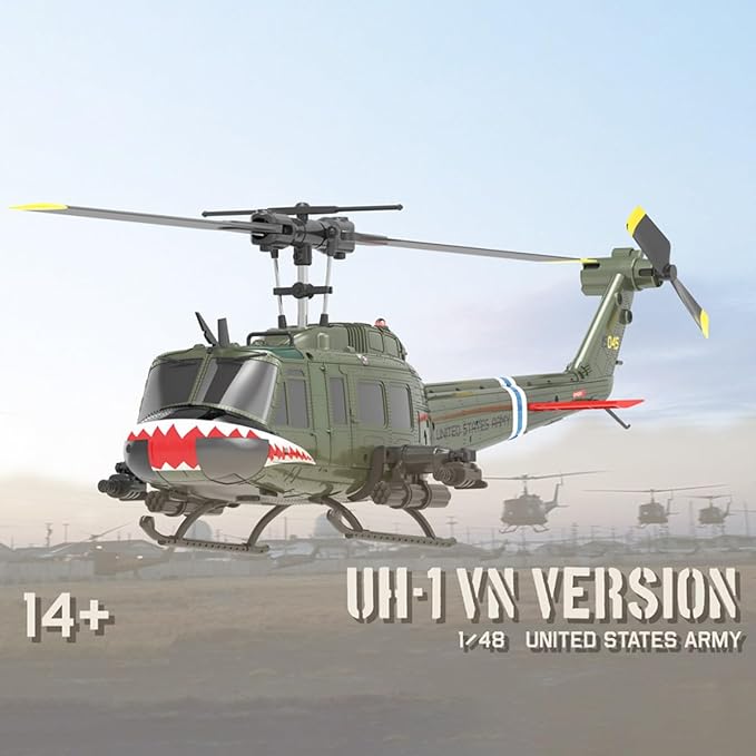 C032 UH-1 Huey RC Helicopter for Adults - 1/48 Scale 2.4G 6CH Flybarless Remote Control Helicopter Model 3D Stunt Flight &amp High-Precision RC Airplane (Shark Mouth(2 Batteries))