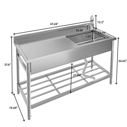 Stainless Steel Utility Sink, 47" x 20" x 37" Free Standing Single Bowl Sink with Faucet, Legs, Cold and Hot Water Pipe for Laundry, Kitchen, Garage, Outdoor, Garden, Heavy-Duty, Easy to Clean