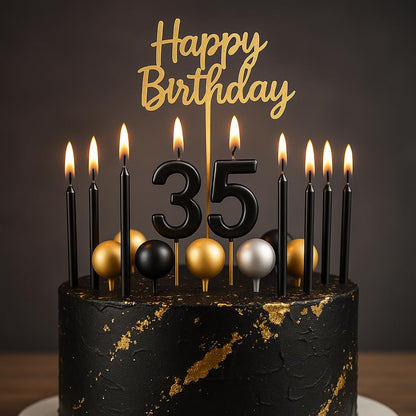 by Tugba Aydan - 33 Pcs Black Birthday Candle Set with Number Candles 0–9, Metallic Long Candles, Ball & Text Toppers – Complete Cake Decoration Kit for Kids & Adults Birthday Party