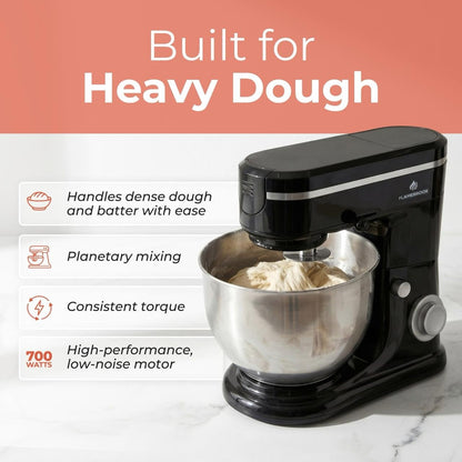 Flamebrook ProMix 1000 Stand Mixer, 700W Tilt-Head Kitchen Mixer with 6.3-Qt Stainless Steel Bowl, 6-Speed Control, Dough Hook, Flat Beater & Whisk, Planetary Mixing Action, Black