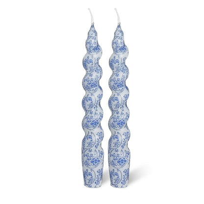 Print Taper Candles Dripless Candlesticks - 2 Pack Handmade Blue Flower Candle Long Spiral Candle Sticks - 7.5 inches Tapered Candles for Home Party Wedding Restaurant Holiday Decor