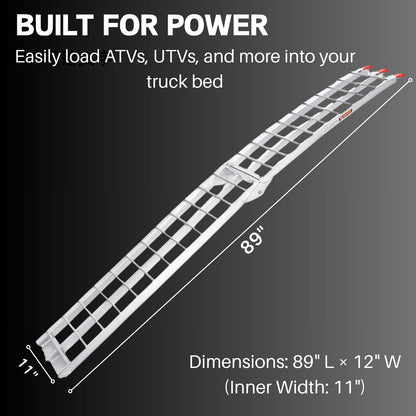 ATV Ramps for Pickup Trucks, 7.5 ft Folding Aluminum Truck Ramps 2 Pack, Crossbar Rungs Traction, Rubber-Tipped Fingers, Load Straps Included, 1,500 lb per Pair (750 Each), 89 x 12 in
