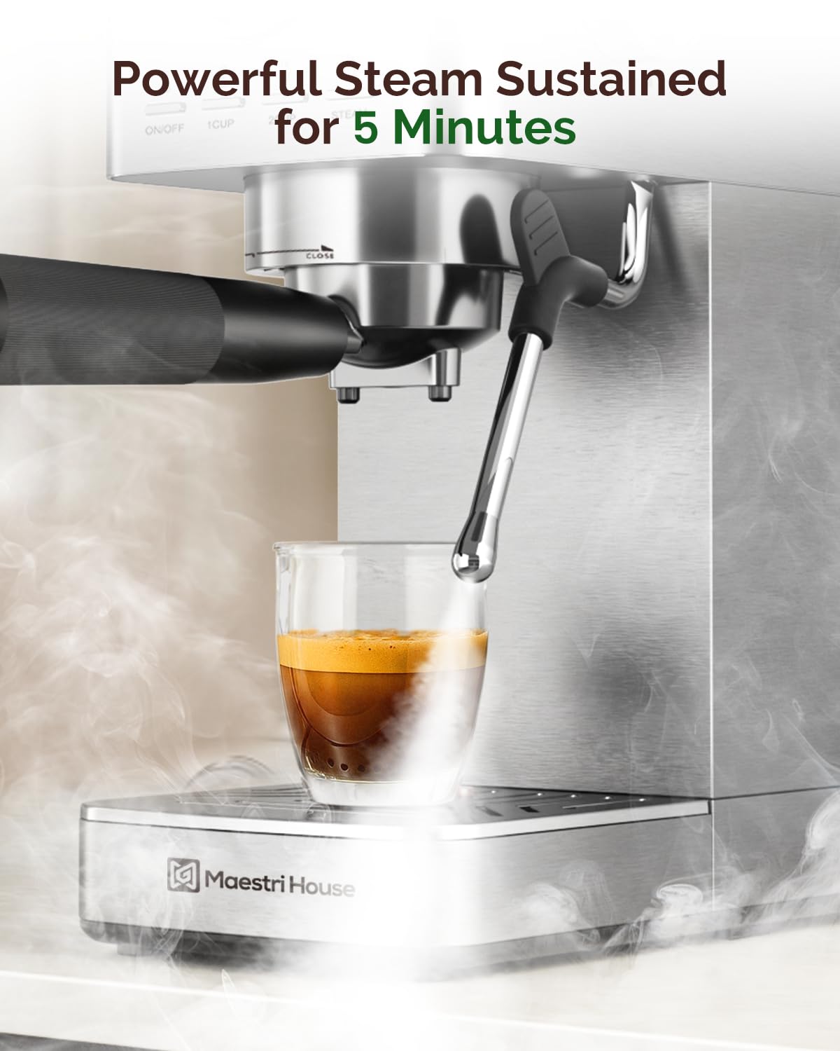 Maestri House Espresso Machine, 20 Bar ULKA Pump, Compact Espresso Maker Built-in Flow Meter Steam Milk Frother, Stainless Steel Coffee Machine for Cappuccino, Latte (Silver)