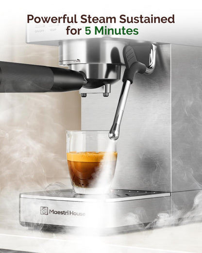 Maestri House Espresso Machine, 20 Bar ULKA Pump, Compact Espresso Maker Built-in Flow Meter Steam Milk Frother, Stainless Steel Coffee Machine for Cappuccino, Latte (Silver)