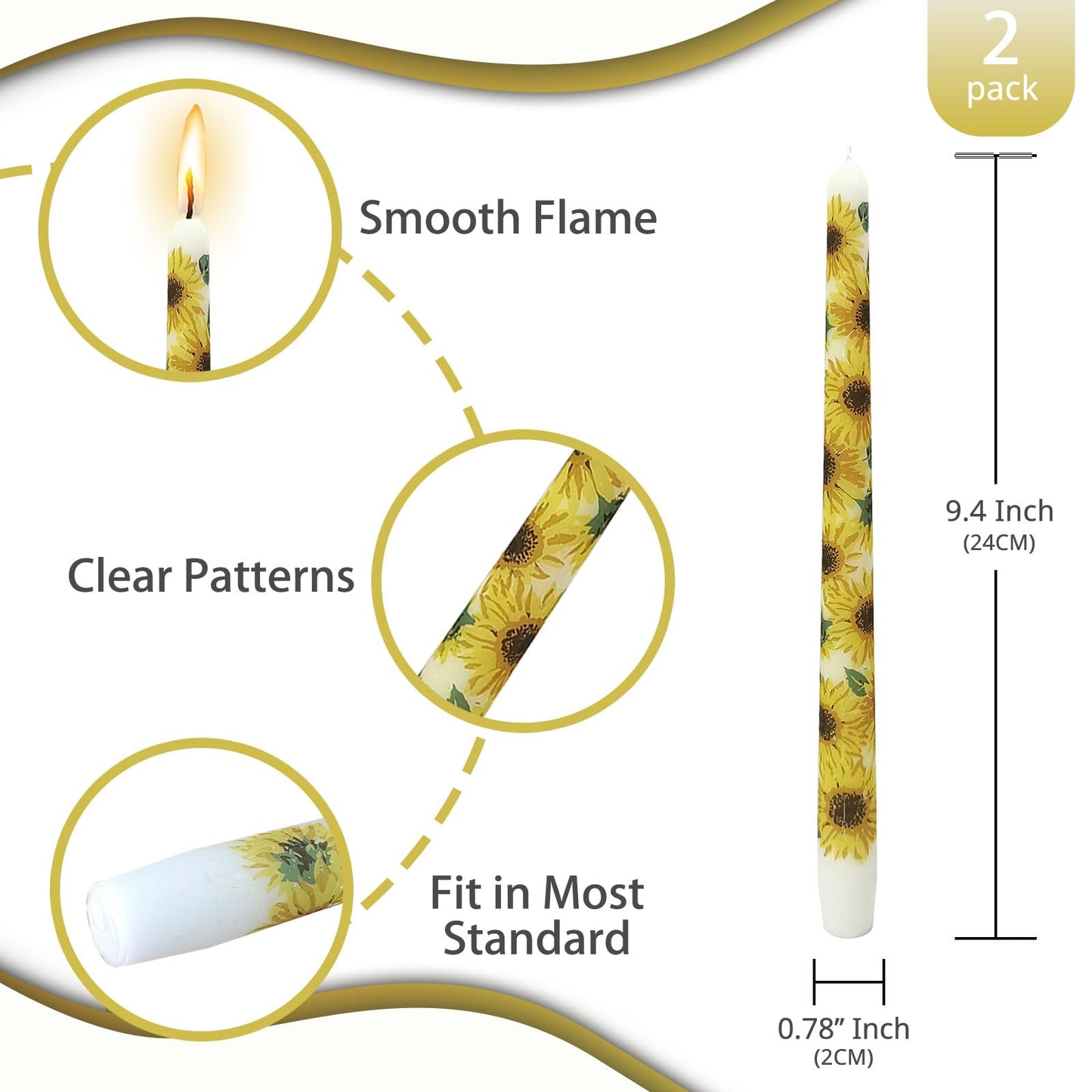 NJAO HOO Floral Candlesticks 10 in Straight Taper Candles Hand Printing Sunflower Candlesticks Floral Tall Tapered Candle for Home Garden Decor Simple Modern, 2Pcs