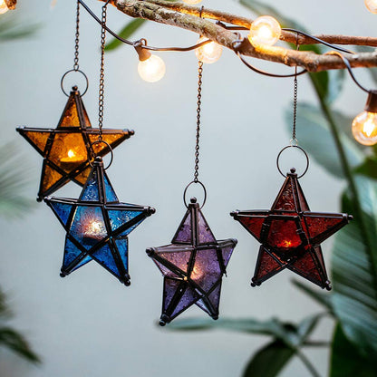Stunning Star Glass Votive Tea Light Candle Holder Hanging Lighting Lantern Wedding Birthday Party Home Garden Decoration (Blue)