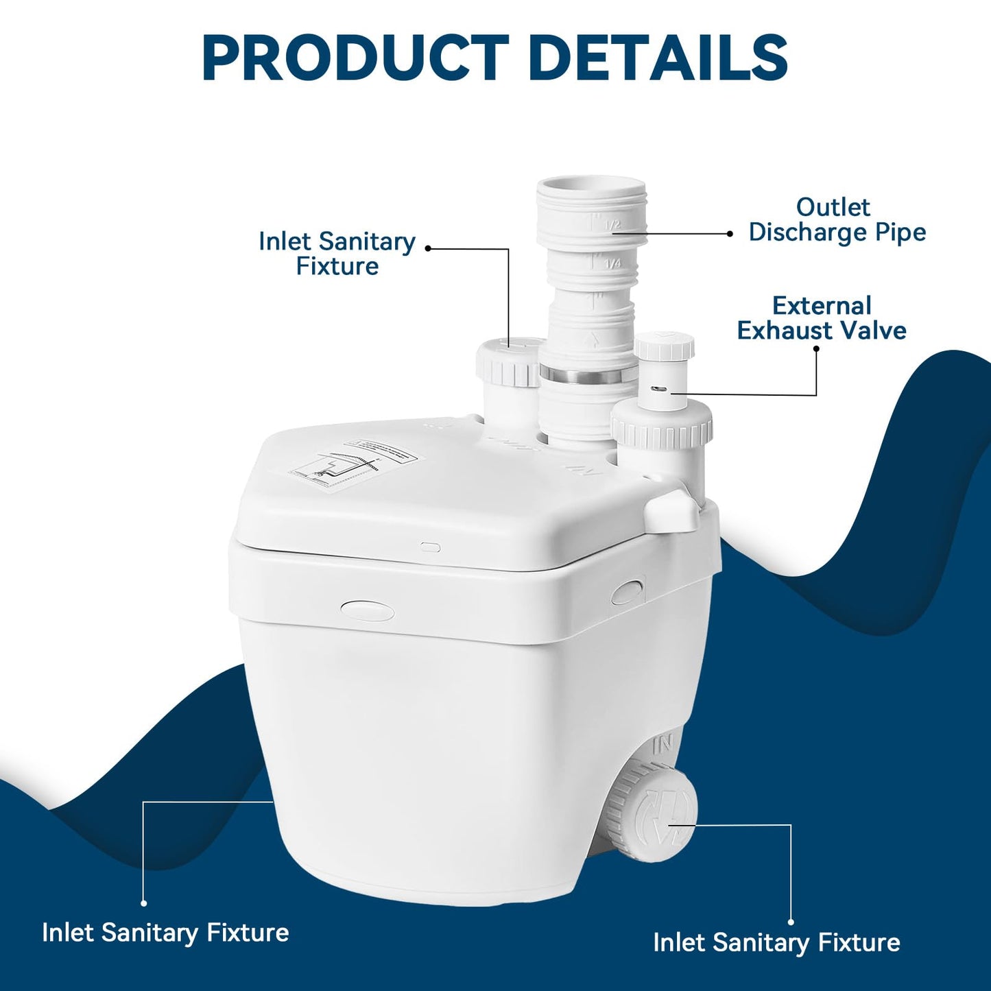 Upgraded 1 HP Utility Sink Pump with PCB Function Upflush to 36FT 2200GPH Under Sink Pump with 3 Water Inlets 1 Outlets Macerating Toilet System for Sink Shower Wash Bin Urinal Kitchen Basement