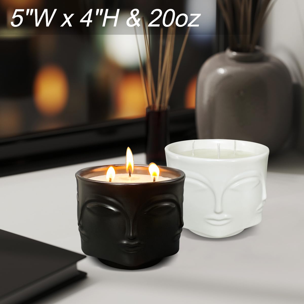 Strong Eucalyptus & Rosemary 3 Wick Black Large Candle, 20oz, Ceramic, Outdoor Scented Candles, 100% Soy, for Home Scented, Yoga, Meditation, Table Decor, Home Decor, Boho Decor, Beautiful Candle Jars