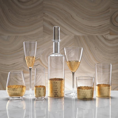 Zodax Fez Cut Stemless Glasses with Gold Leaf | Set of 6 (Wine or All Purpose)