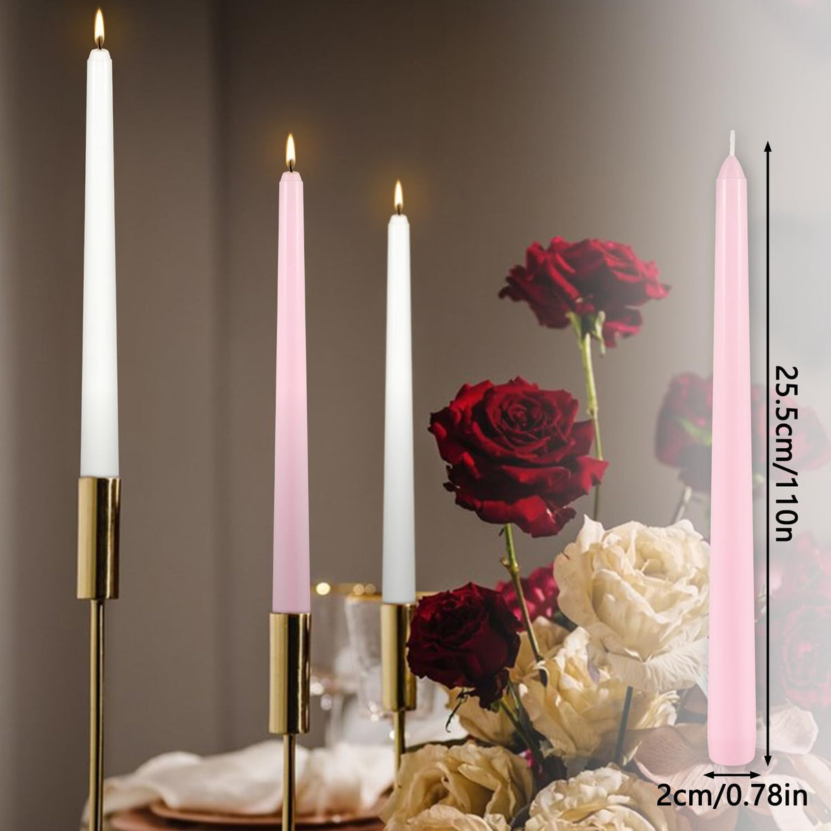 10-Inch Pink and White Taper Candles|24Pack Unscented, Smokeless,Hand-Poured CandleSticks,Perfect for Valentine’s Day, Weddings, Parties, Shabbat, Baby Shower, Birthday,Girls' Night,Home Décor