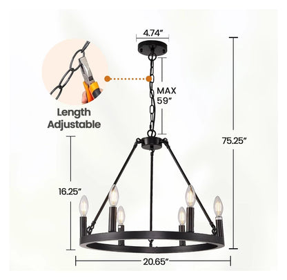 6 Light Black Carriage Wheel Pendant Light 20.65 Inch Candle Pendant Light,Comfortable Lighting