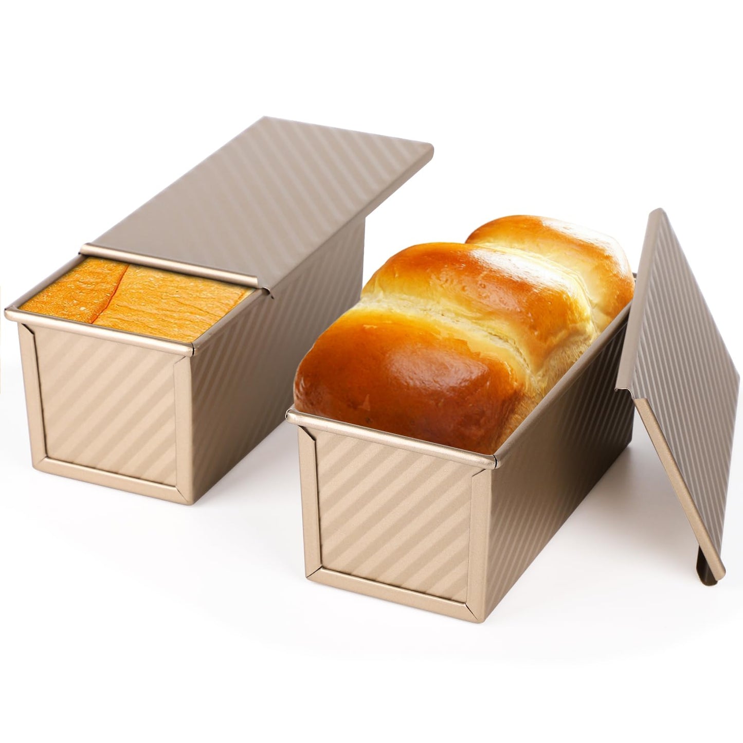 Beasea Pullman Loaf Pan with Lid, 2 Pack 0.5 lb Small Non-Stick Bread Loaf Pans Carbon Steel Mini Bread Toast Box for Homemade Bread Toast Oven Baking - Gold