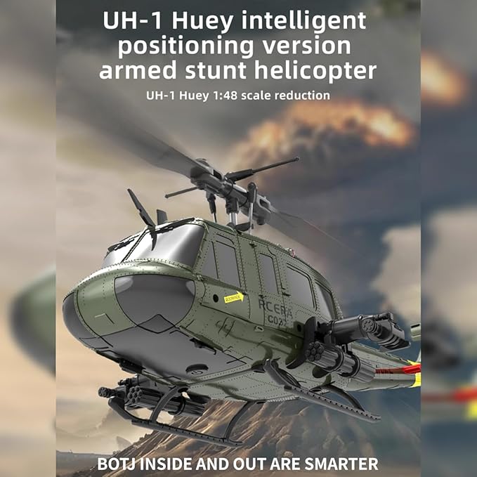 C032 UH-1 Huey RC Helicopter for Adults 1/48 Scale 2.4G 6CH Flybarless Stunt RC Plane 6-Axis Gyroscope Optical Flow Positioning TOF Lidar Height Setting for Beginners (Yellow-blue(2 Batteries))