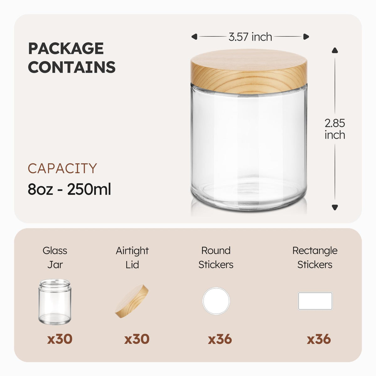 8 oz Glass Jars with Lids, 30 Pack Clear Small Glass Jars with Woodgrain Lids Leakproof Round Airtight Empty Cosmetic Travel Containers for Lotions Powders and Candle Making