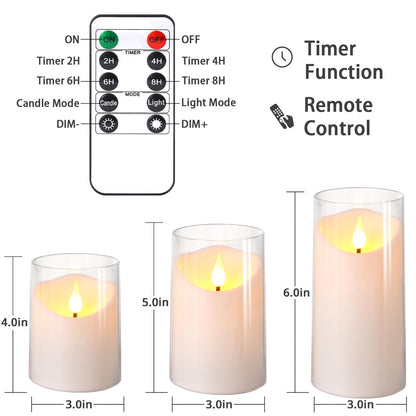 NURADA Flameless Candles with Remote Timer: 3D Wick Battery Operated Led Pillar Unbreakable Acrylic Fake Candle Set for Home Decoration Romantic Ambiance - Pure White 3 Pack