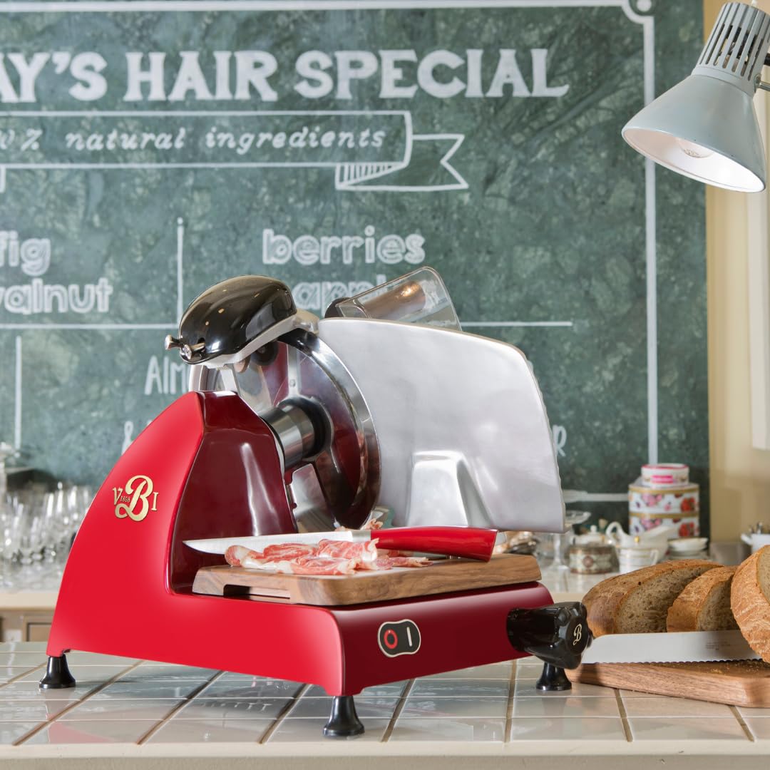 VBI Milano 1898 Red Line 250 Electric Food Slicer | 10" Blade | Perfect Cuts & Reduced Waste | Built-In Sharpener | Premium Kitchen Appliance | Italian Heritage Since 1898 (Red)