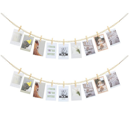 KLOGTSIND Hanging Photo Display Wall Decor, 2PCS Boho Wooden Bead Garland Collage Picture Frame with 9 Wood Clips for Bedroom, Living Room, Office, Dorm Decor, Photos Holder Teen Girl Gifts