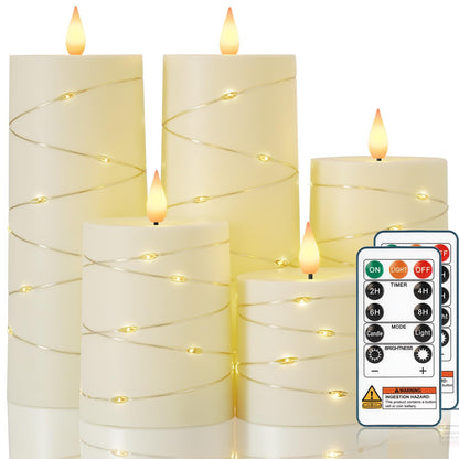 Raycare Flameless Candles with Remote Timer, Flickering Battery Operated LED Pillar Fake Candle with String Lights for Home Decor, Christmas, Wedding and Gift, Ivory, Set of 5