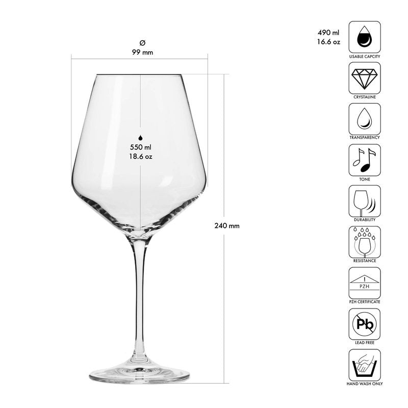 Krosno Red Wine Glasses 4-Piece 16.6 oz Avant-garde Collection, Perfect for Home, Restaurants & Parties, Dishwasher Safe, Thin Rim, Long Stem | Lead-Free Crystal Glass