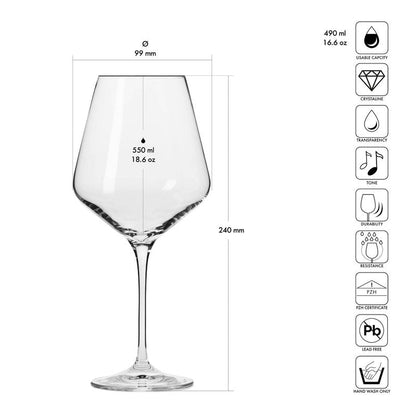Krosno Red Wine Glasses 4-Piece 16.6 oz Avant-garde Collection, Perfect for Home, Restaurants & Parties, Dishwasher Safe, Thin Rim, Long Stem | Lead-Free Crystal Glass