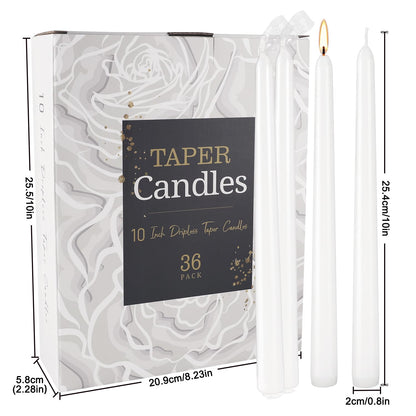 Grcdoyvl 36 Pack White Taper Candles 10 Inch - Premium Unscented Dripless & Smokeless Long-Burning Candles for Wedding Decor, Fine Dining, Candelabras, Romantic Dinner, and Elegant Home Decor