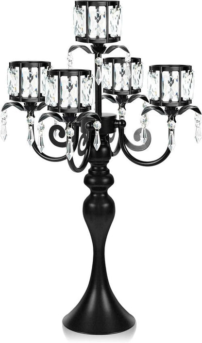 Crystal Candle Holder by [Brand Name] - 5-Arm Black Metal Design | 22-Inch Tall Wedding Centerpiece