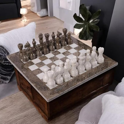 Large Handmade Full Chess Set Marble Chess Board 32 Chess Game Pieces Unique Home décor. Handcrafted Tournament Chess Board - 2 Players. (Grey White)