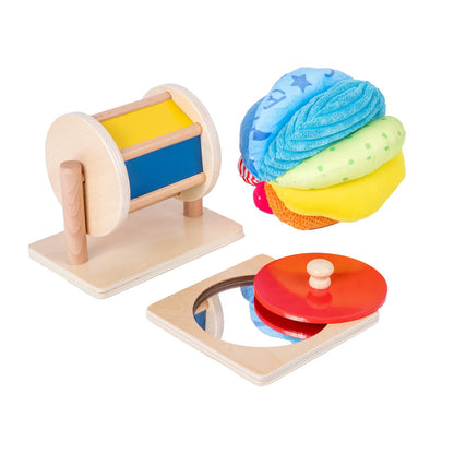 Montessori Baby Toys Play Kit - Mirror, Peekaboo, Knob Puzzle, Spinning Drum, Rainbow Ball - 6-12 Months Toddlers