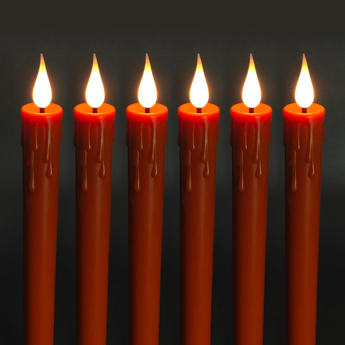 Flameless Taper Candles -10 inch 6 Pack Orange Candle Sticks with 3D Flickering Effect & 10-Key Remote, Realistic Battery Operated Candlesticks for Christmas Decor, Weddings, Halloween, Home Decor