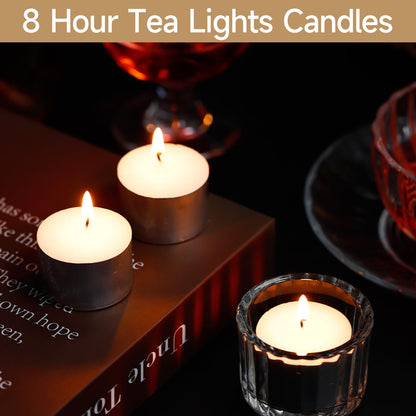 Yihurlm 50 Pack Tea Lights Candles, 8 Hours Long Burning Tealights Candle Bulk, Smokeless & Unscented Candles, White Tea Lights Candle for Shabbat Weddings Home Decor Table Centerpiece