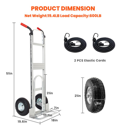 Aluminum Hand Truck Dolly Cart with 10" Pneumatic Tire,Hand Trucks Heavy Duty 600 LBS Capacity,Platform Hand Cart for Transport & Moving in Warehouse, Home, Supermarket