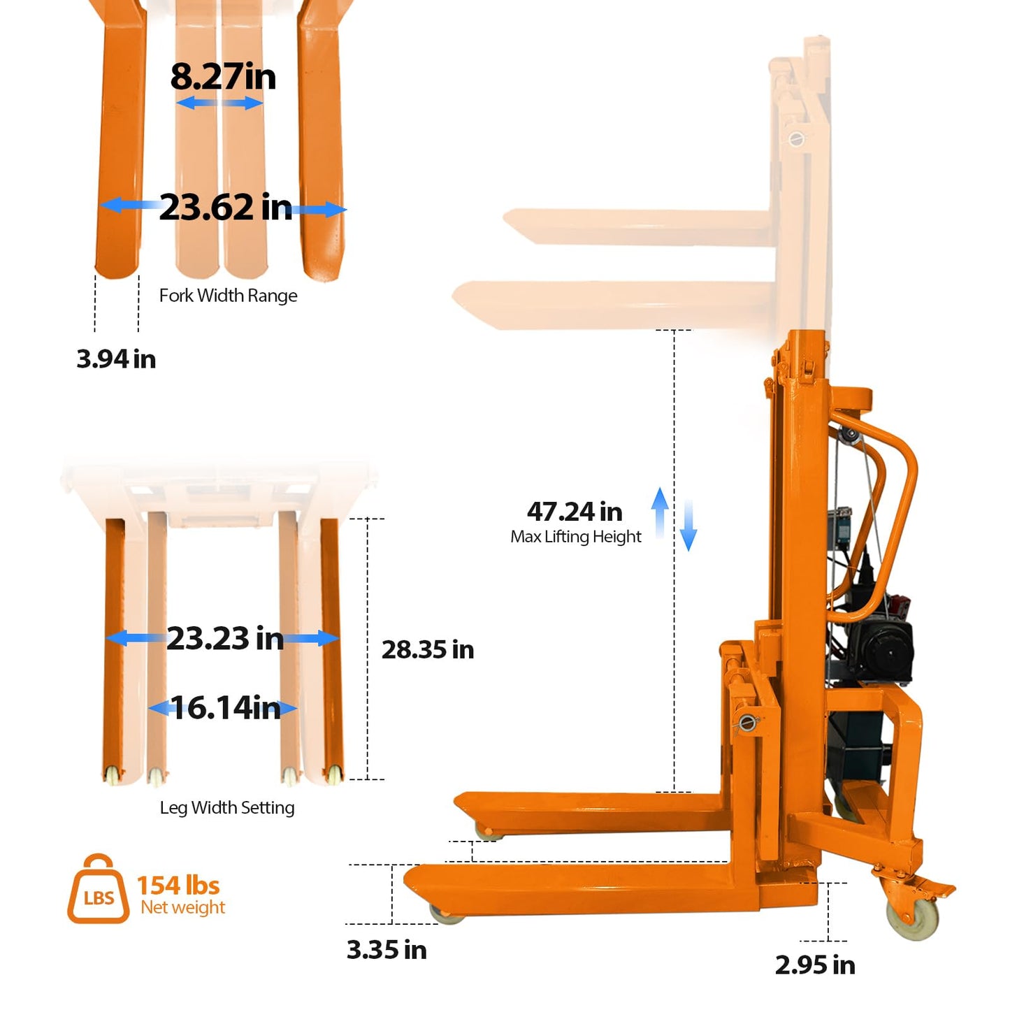 CareArise Electric Material Lift Pallet Stacker| 660lbs Capacity Forklift | 47.24" Max Remote Control Lift | Adjustable Forks&Base | Ideal for Warehouse, Garage, Logistics丨Battery Powered Forklift