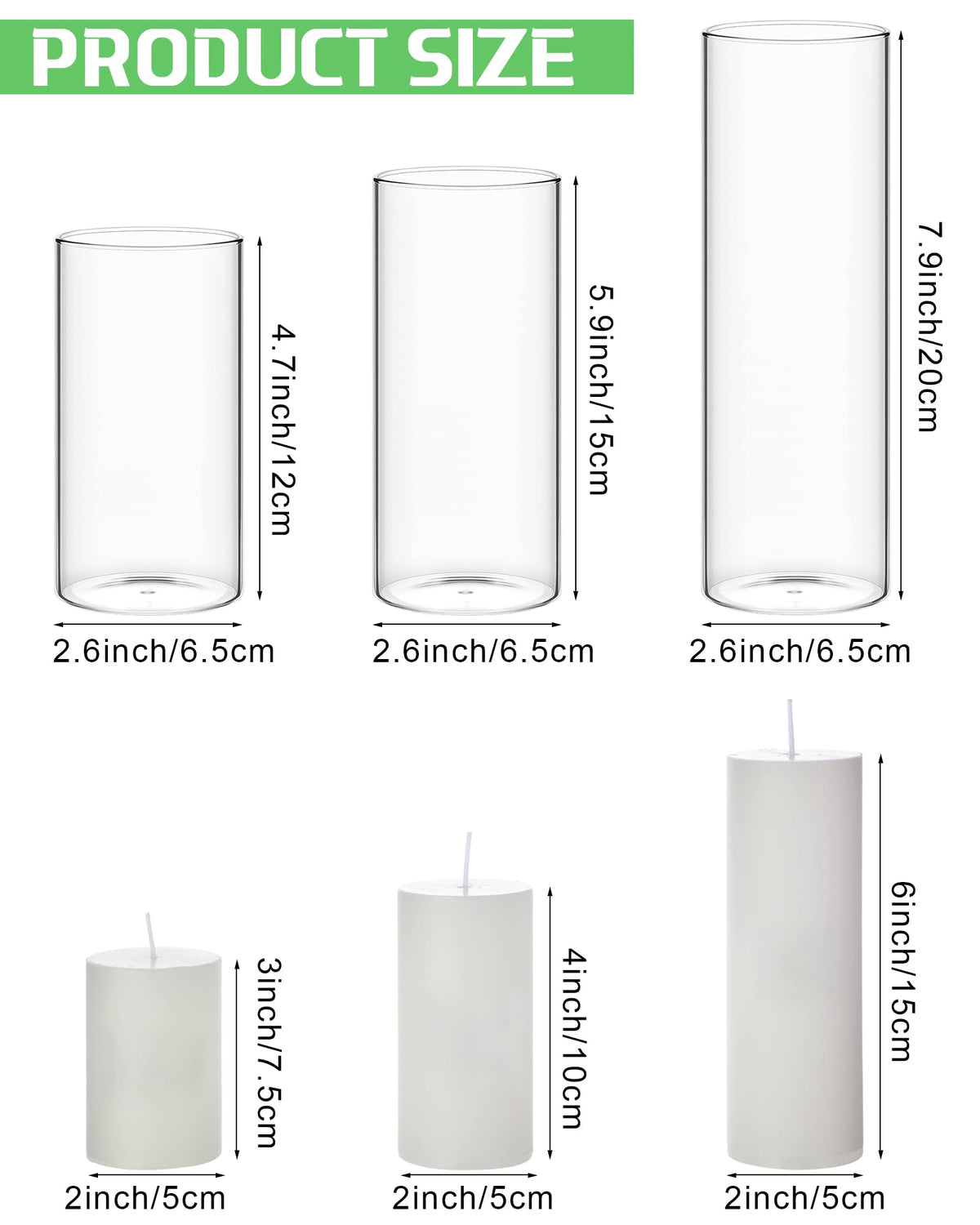 Shihanee 36 Pcs Pillar Candles and Glass Cylinder Vases Tall Cylinder Holders for Pillar Candles Wedding Centerpieces, Total 18 Sets(2.6'' X 4.7'', 5.9'', 7.9'',Clear,White)